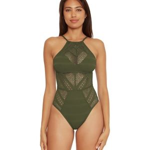 BECCA Olive-green Swimsuit. Halter top. Lace design. Like New!
